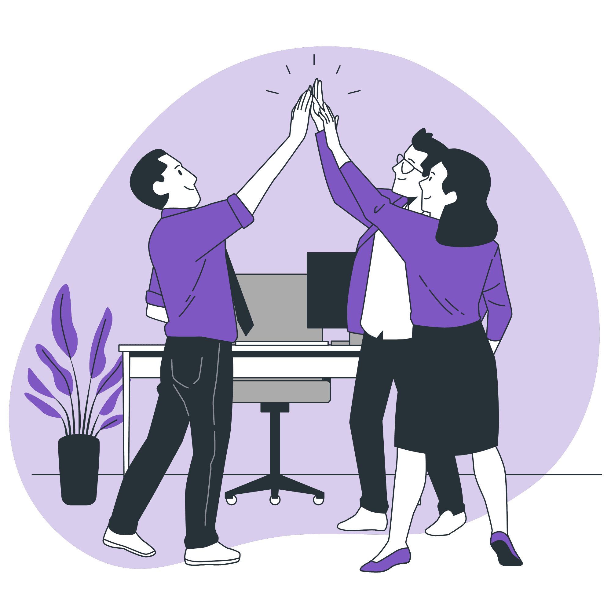 Three co-workers high fiving